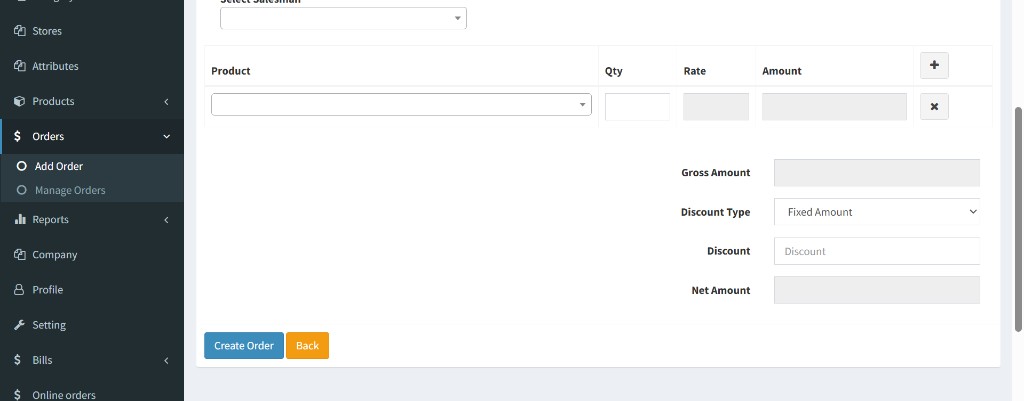 apnapos Add Order screen with product lines, discount, and create order actions