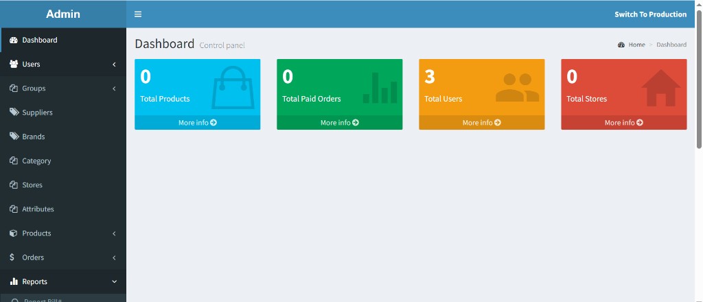apnapos admin dashboard showing total products, paid orders, users, and stores