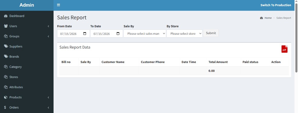 apnapos Sales Report with date filters, salesman, store, and bill data table